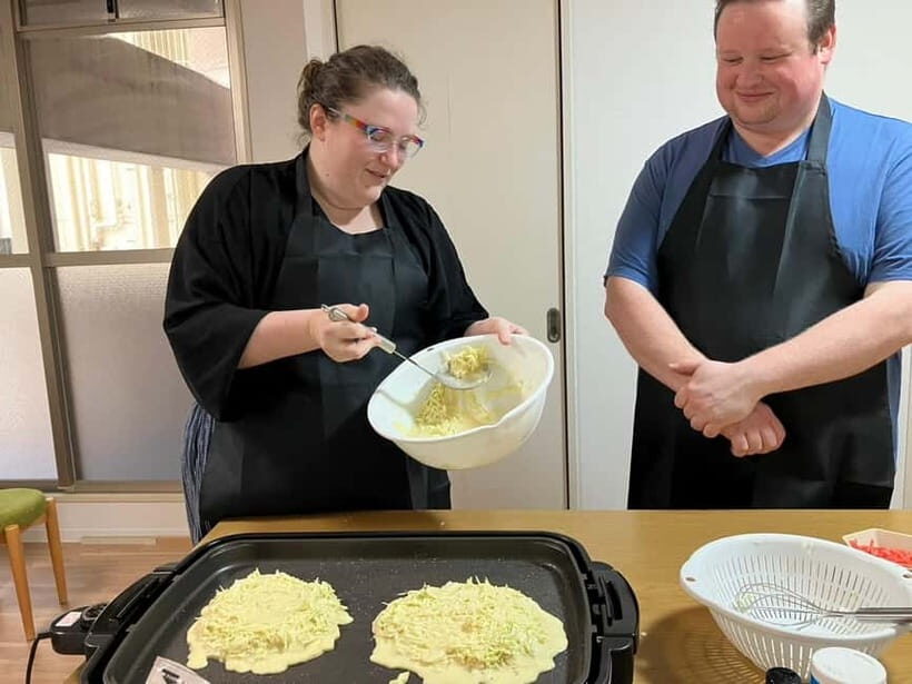 Osaka : Cooking Class Okonomiyaki & Takoyaki course in Nanba - 1.5 hours of cooking: how the class keeps you moving